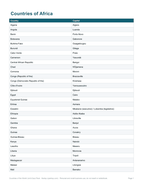 Preview of the first page of Africa countries