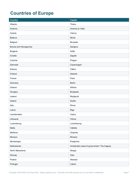 Preview of the first page of Europe countries
