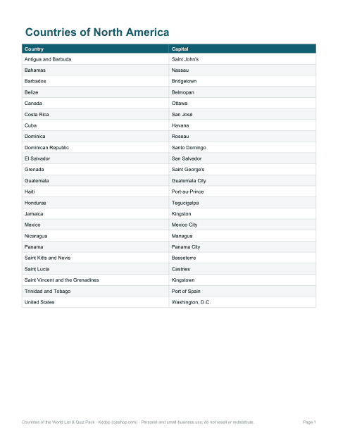 Preview of the first page of North America countries