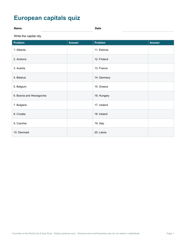 Preview of Printable European Capitals Quiz