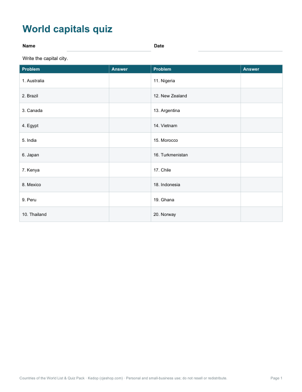 Preview of Printable World Capitals Quiz
