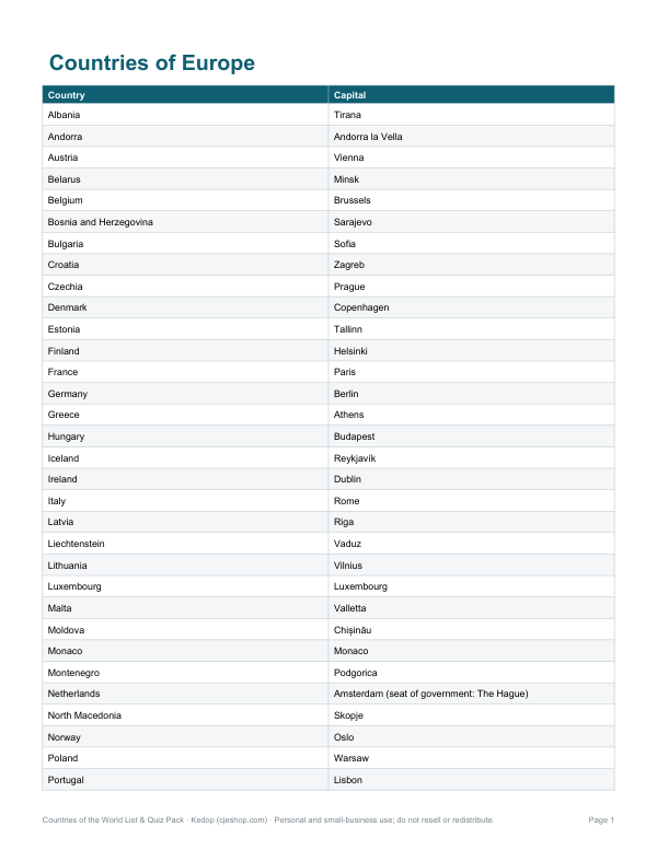 Preview of Printable Europe Countries List