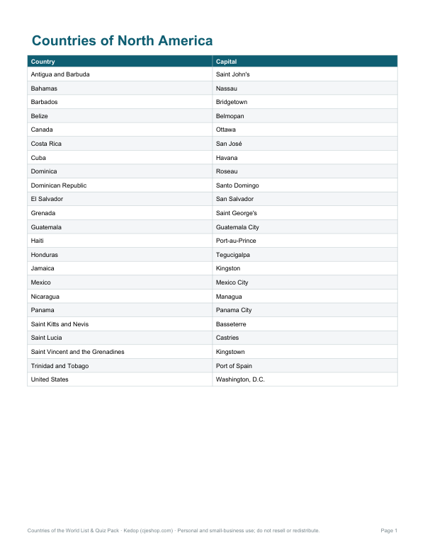 Preview of Printable North America Countries List